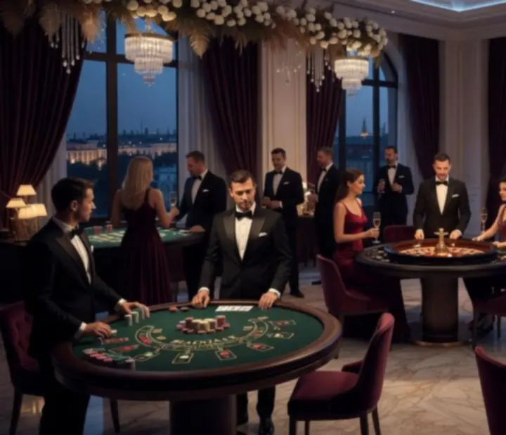 Mobilne stoły kasynowe z pokerem, ruletką i blackjackiem podczas eleganckiego eventu