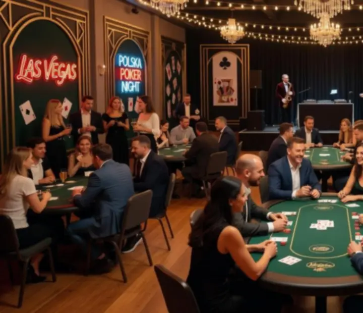 Atmosfera eventu pokerowego z oświetleniem i elegancką aranżacją stołów.