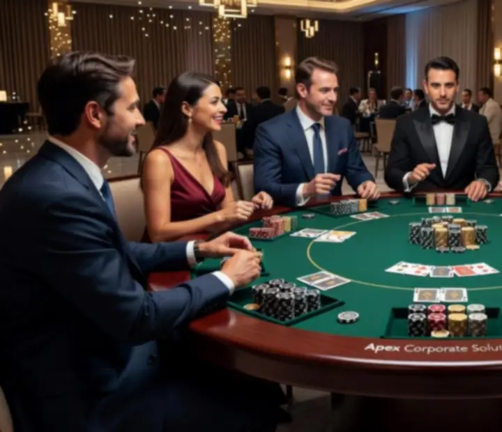 Mobilny stół pokerowy Texas Hold'em podczas eleganckiego eventu.