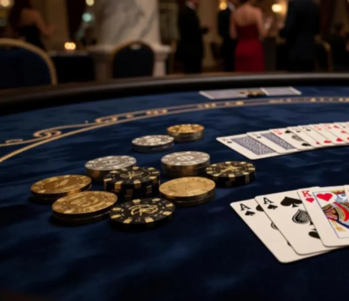 Premium stół pokerowy z symbolicznymi żetonami podczas eventu.